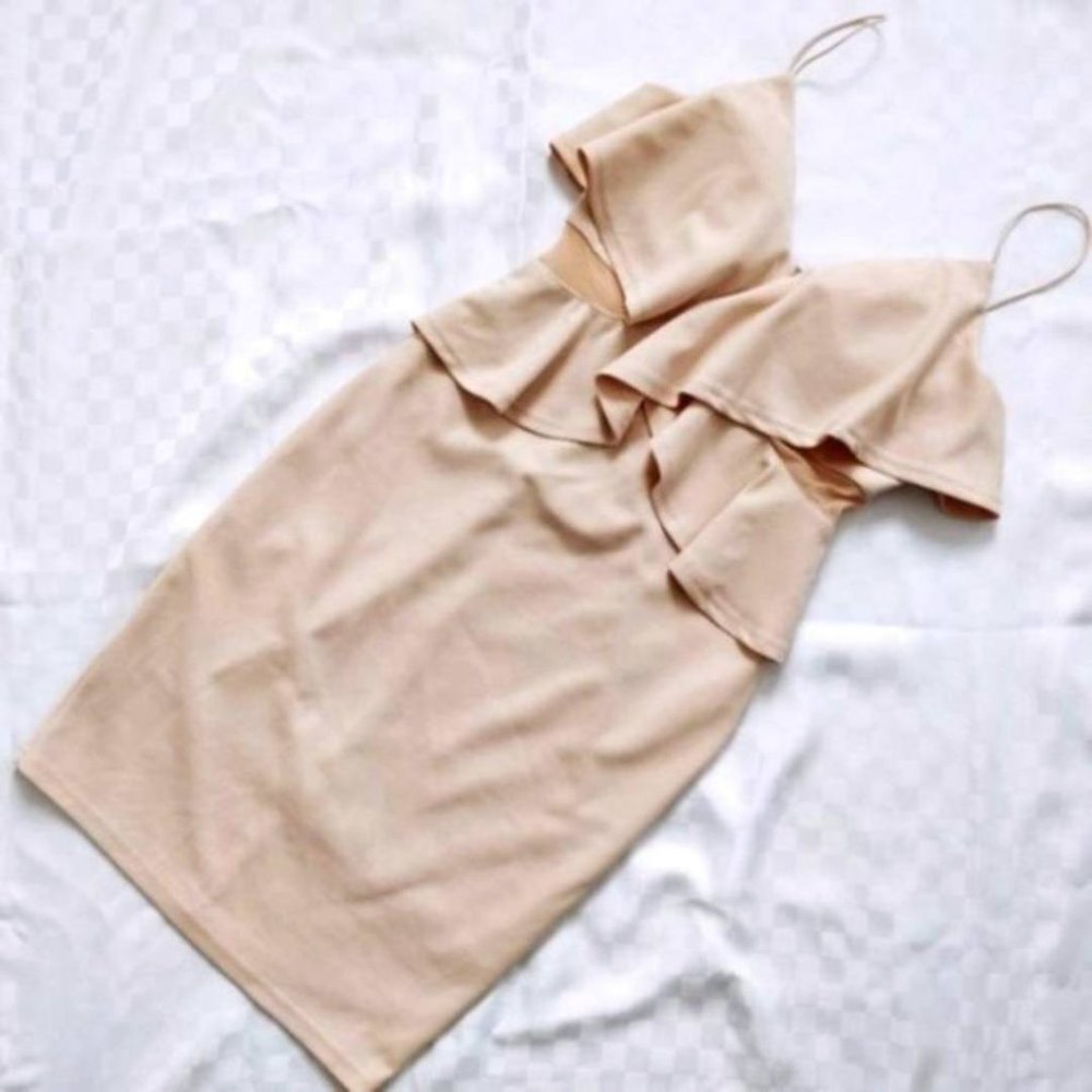 Mendocino Room Service Strap Ruffle Dress in Beige